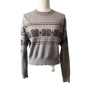 Womens Gray Knit Sweater Black Fair Isle Pattern Crew Neck Long Sleeve Size S